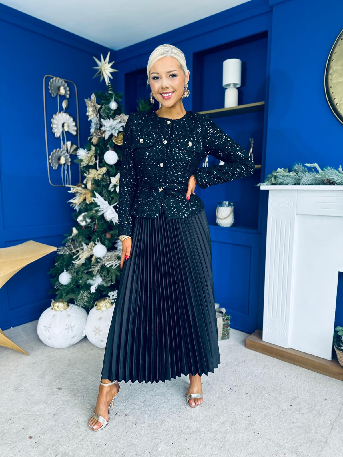 Frankie Pleated Satin Skirt Black