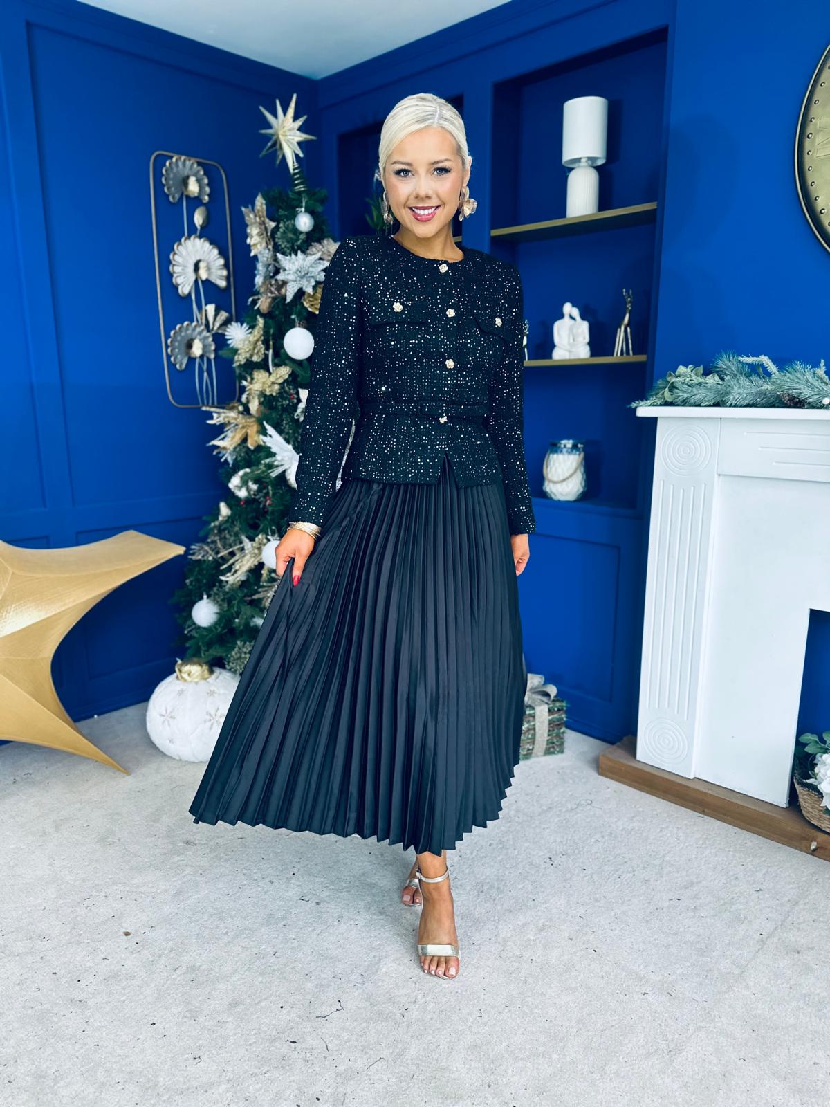 Frankie Pleated Satin Skirt Black