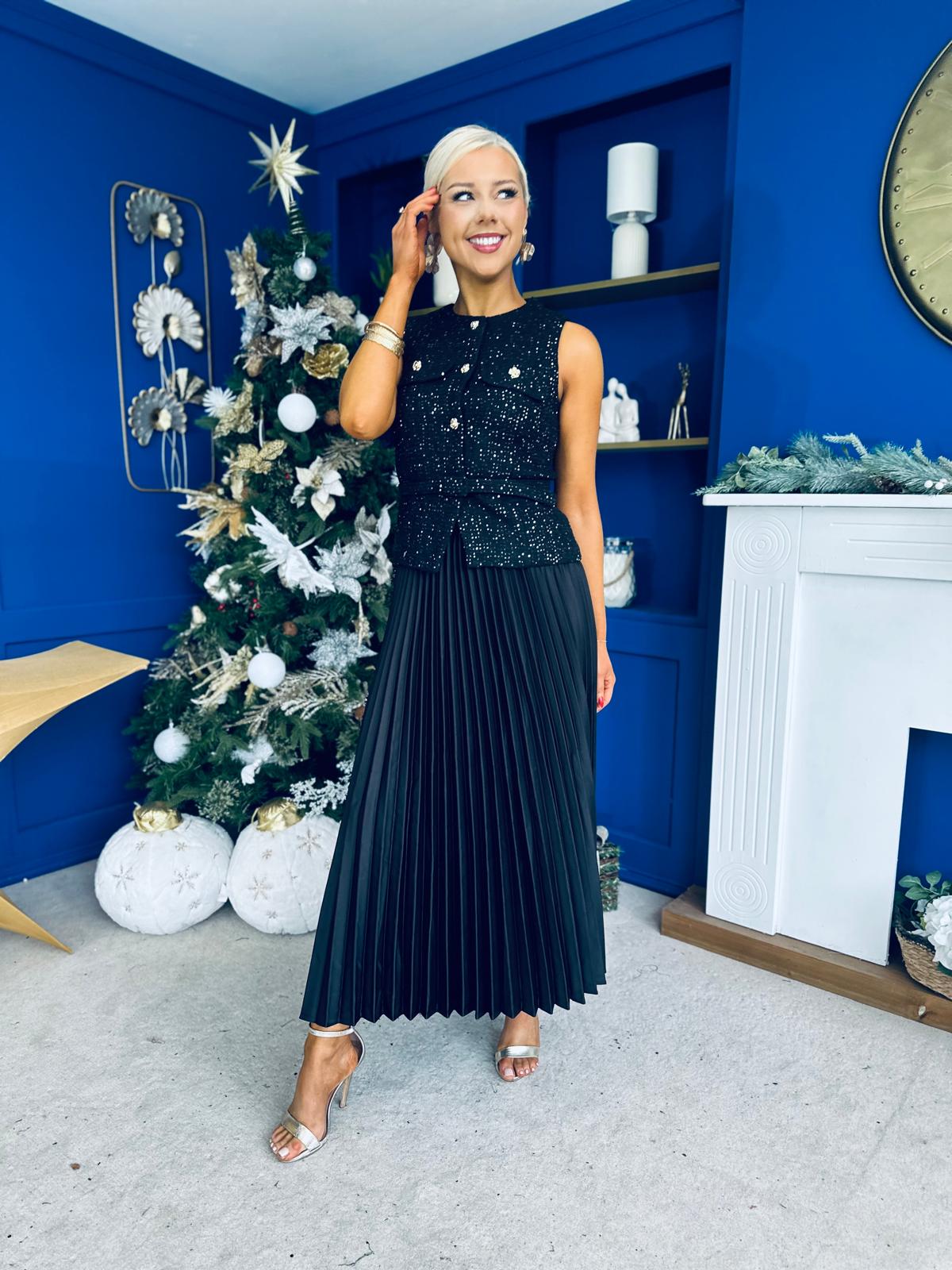 Frankie Pleated Satin Skirt Black