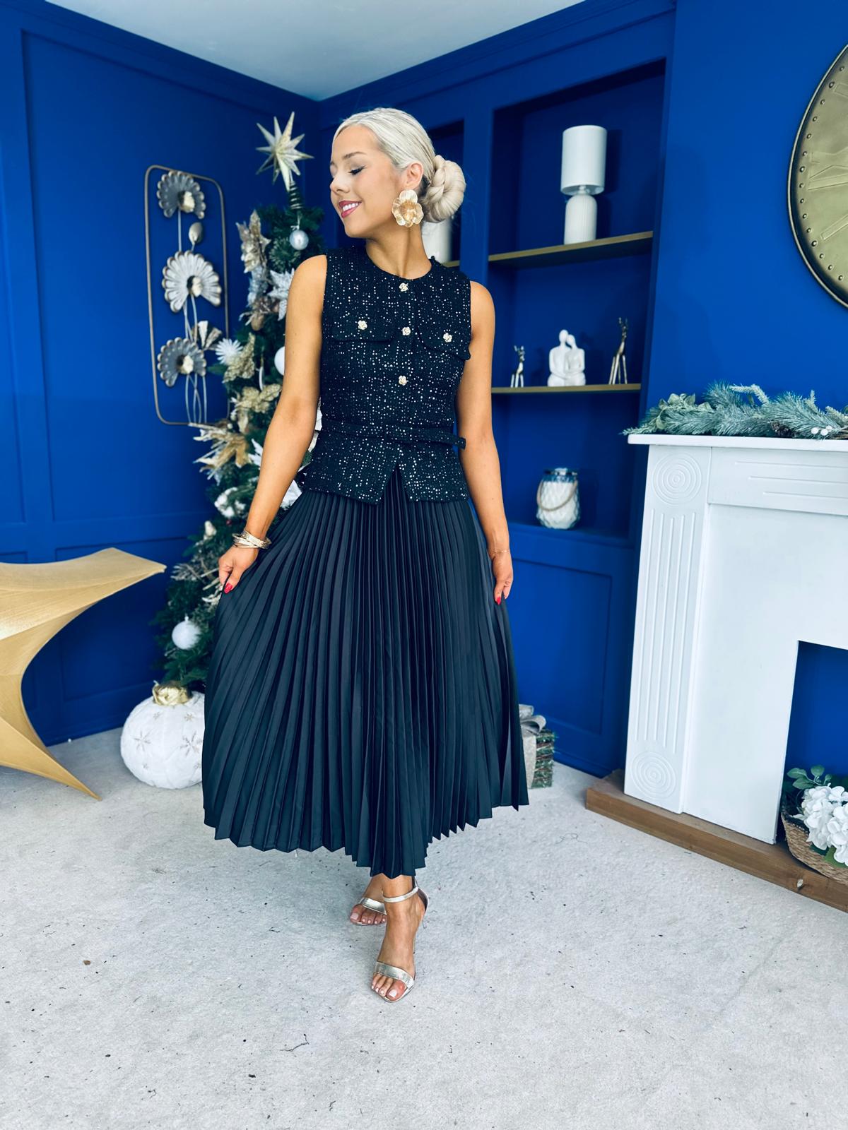 Frankie Pleated Satin Skirt Black