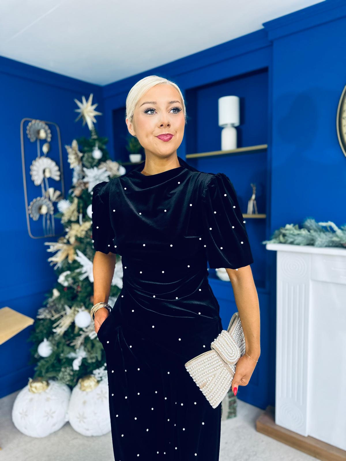 Kate Pearl Detail Top And Trouser Set Velvet Black