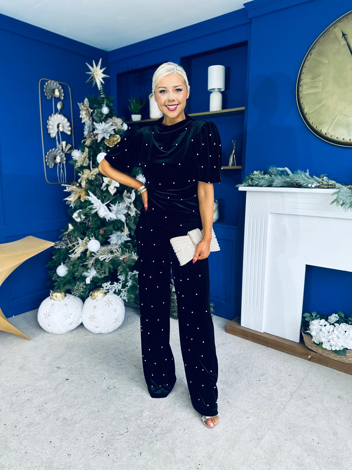 Kate Pearl Detail Top And Trouser Set Velvet Black