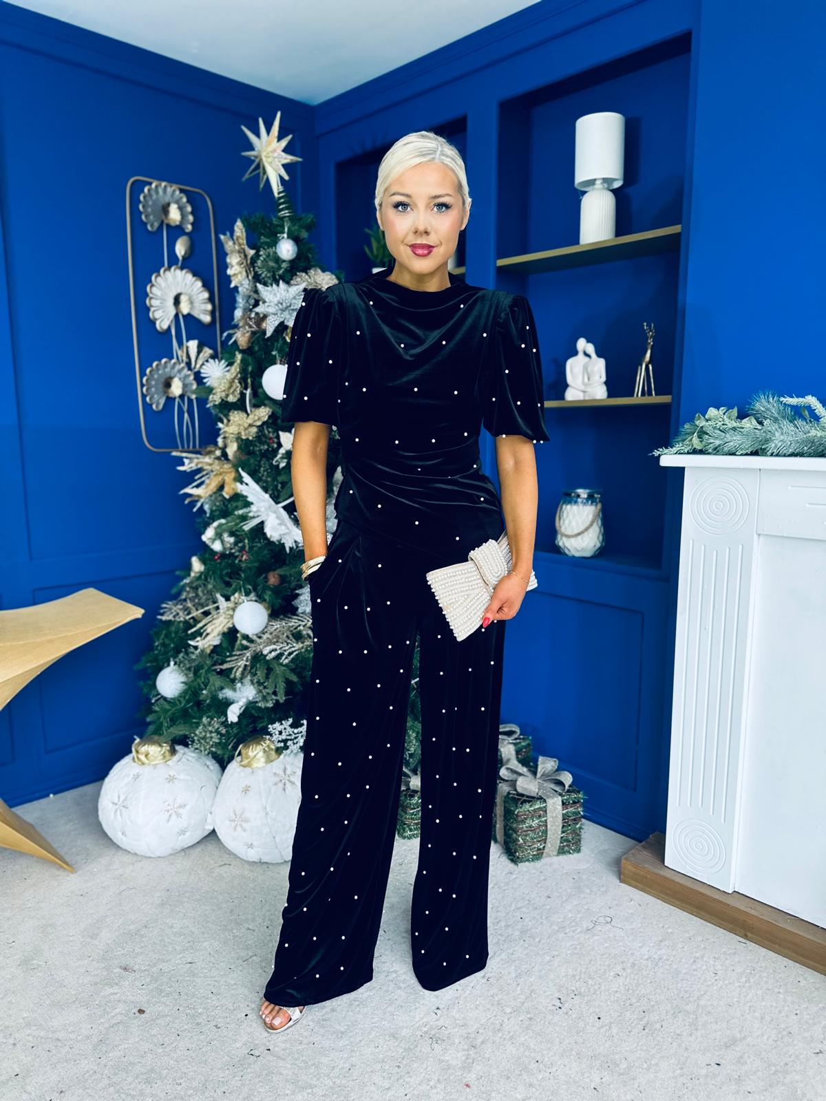 Kate Pearl Detail Top And Trouser Set Velvet Black