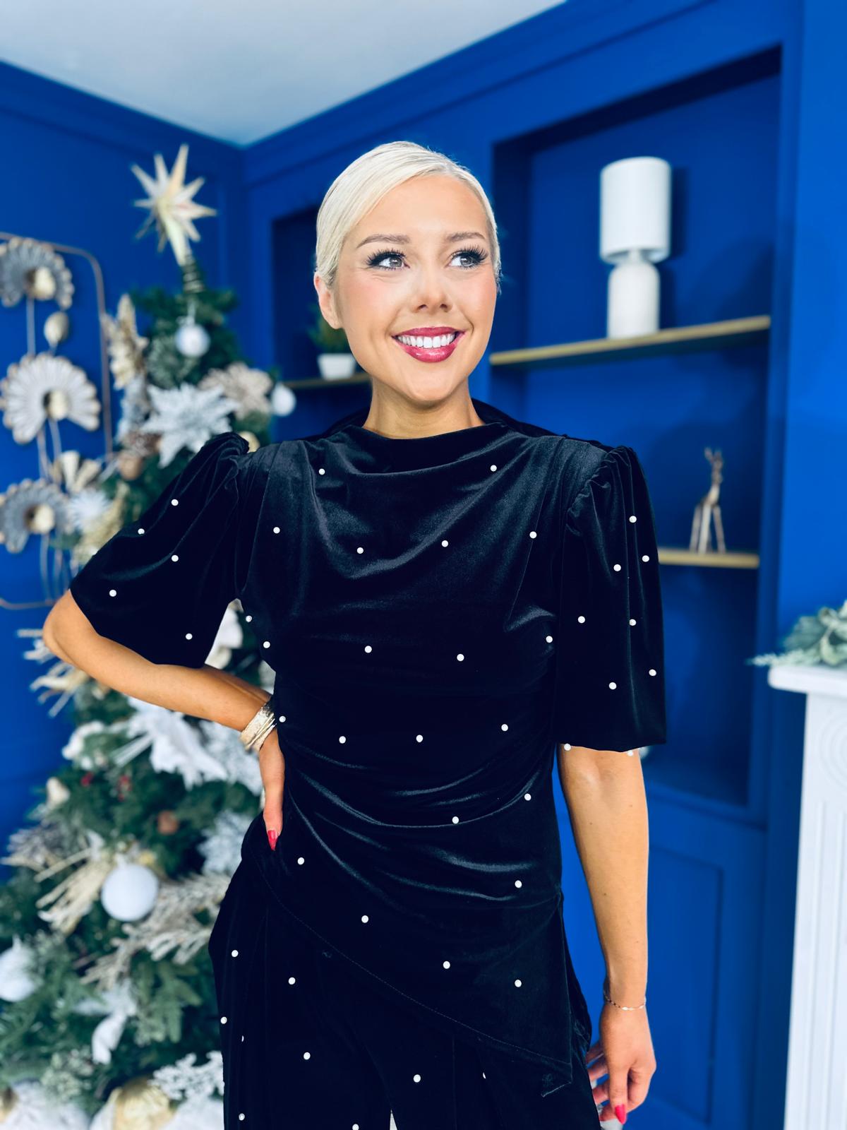 Kate Pearl Detail Top And Trouser Set Velvet Black