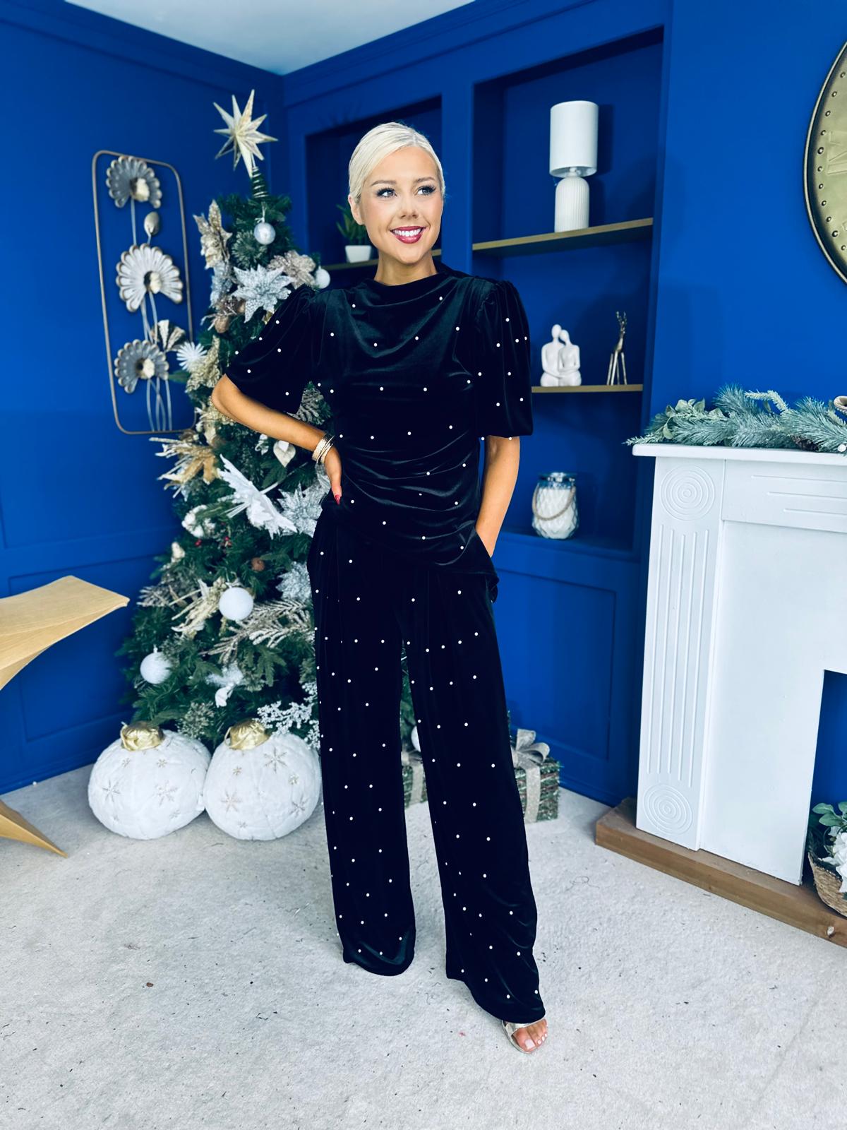 Kate Pearl Detail Top And Trouser Set Velvet Black