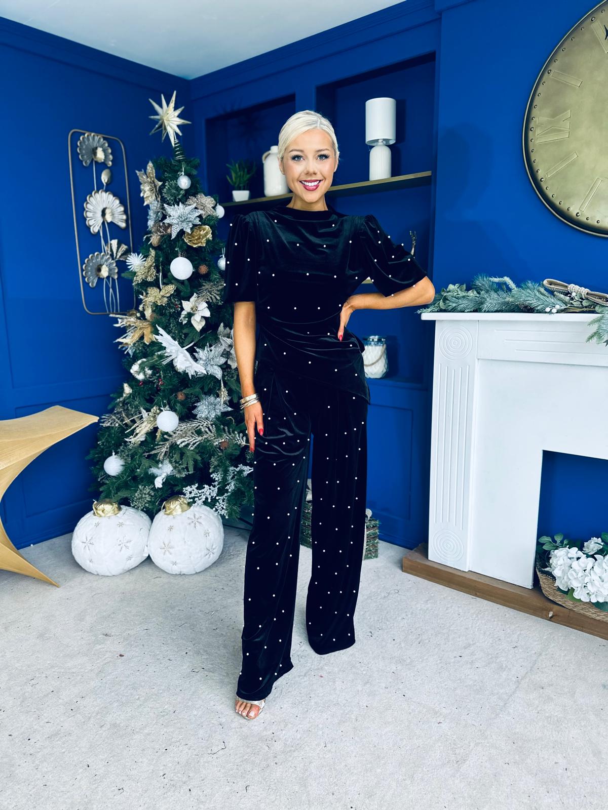 Kate Pearl Detail Top And Trouser Set Velvet Black