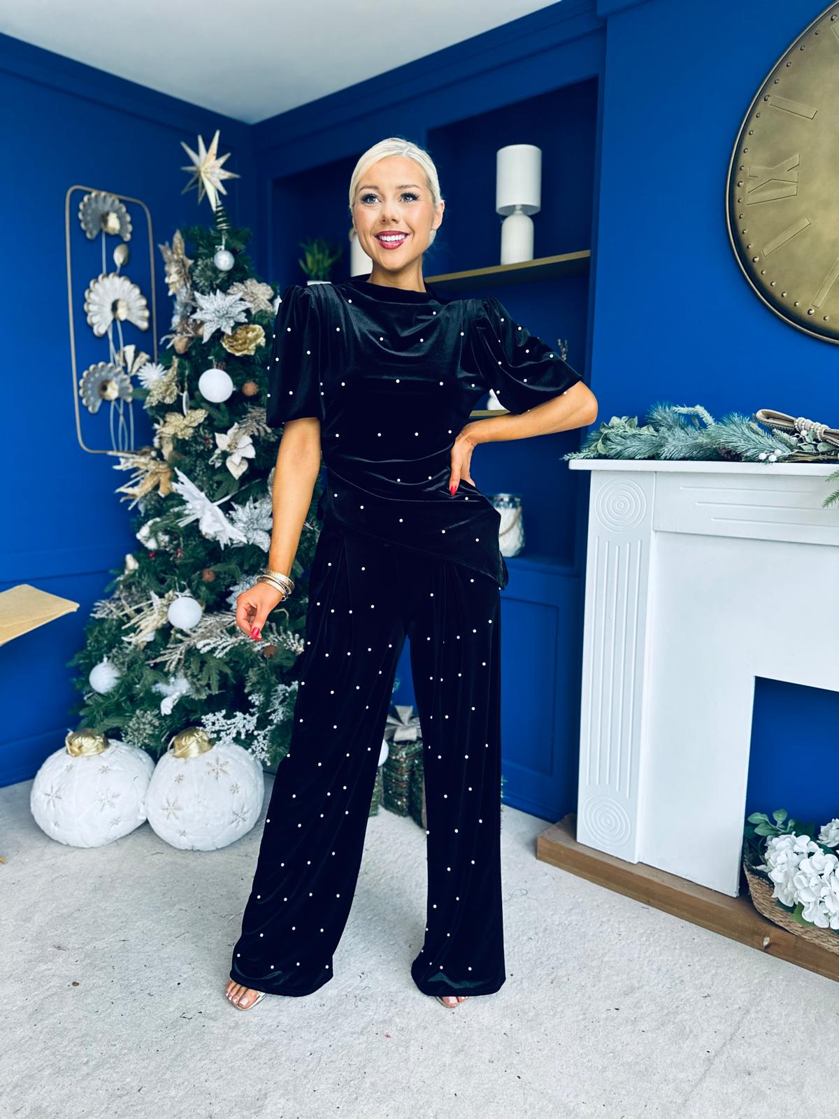 Kate Pearl Detail Top And Trouser Set Velvet Black