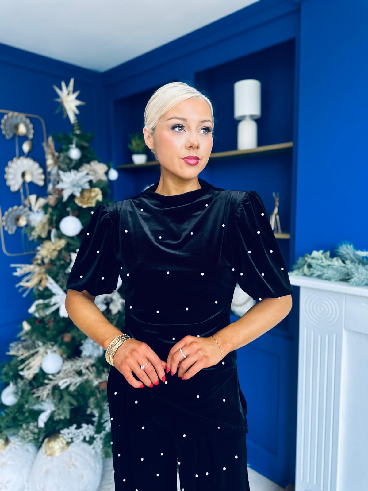 Kate Pearl Detail Top And Trouser Set Velvet Black