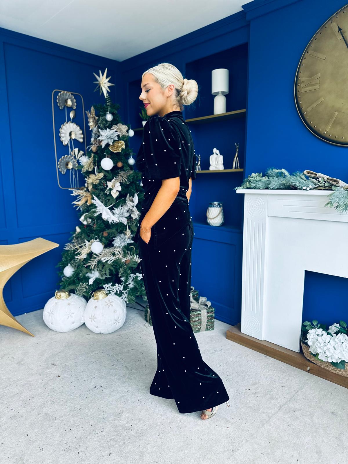 Kate Pearl Detail Top And Trouser Set Velvet Black