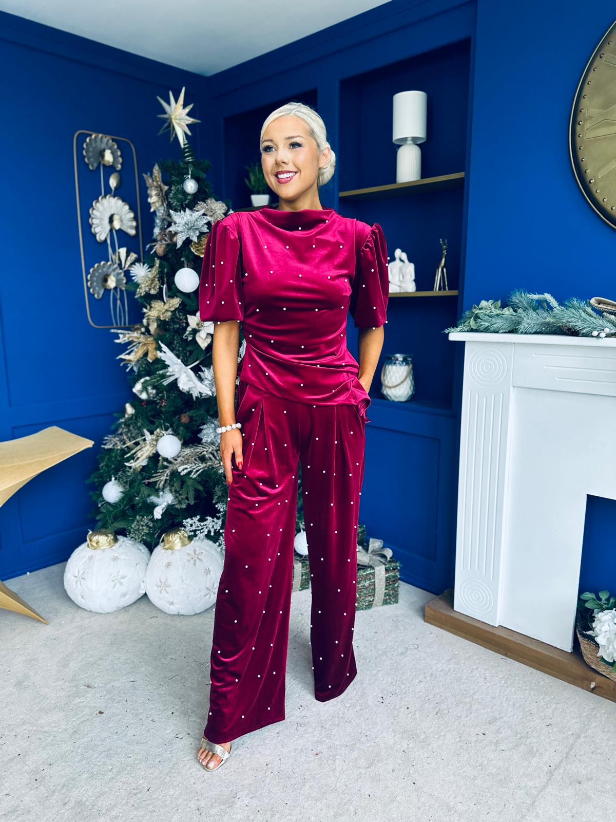 Kate Pearl Detail Top And Trouser Set Velvet Wine