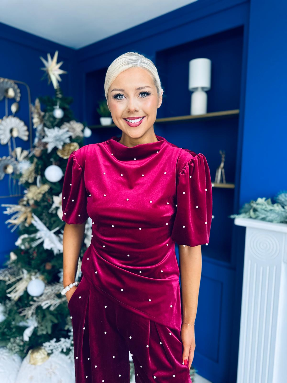 Kate Pearl Detail Top And Trouser Set Velvet Wine