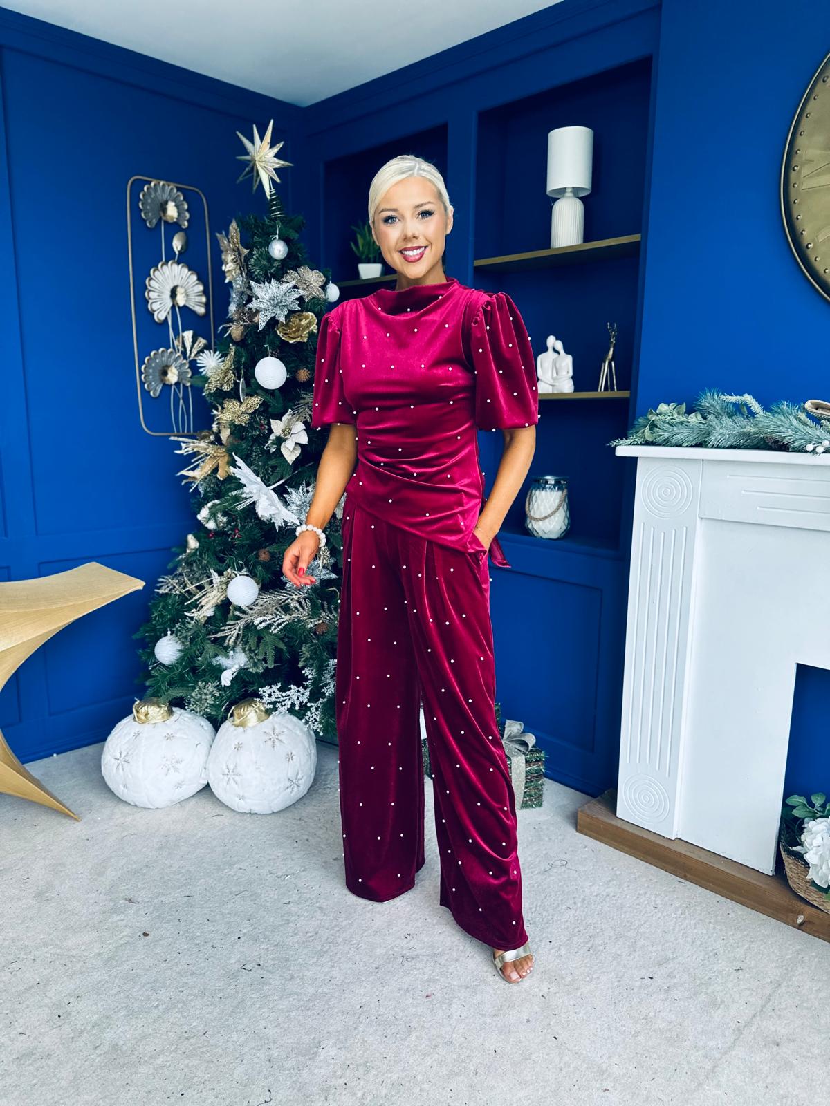 Kate Pearl Detail Top And Trouser Set Velvet Wine