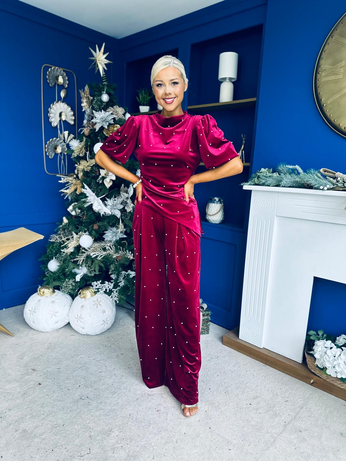 Kate Pearl Detail Top And Trouser Set Velvet Wine