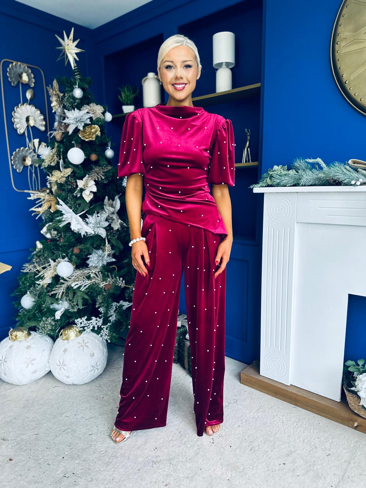 Kate Pearl Detail Top And Trouser Set Velvet Wine