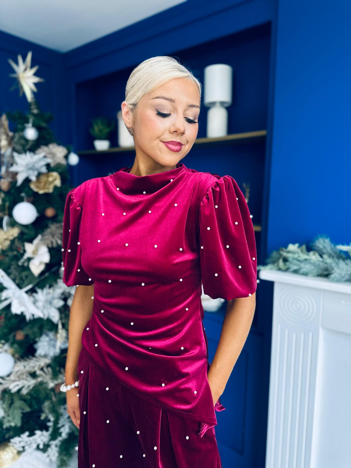 Kate Pearl Detail Top And Trouser Set Velvet Wine