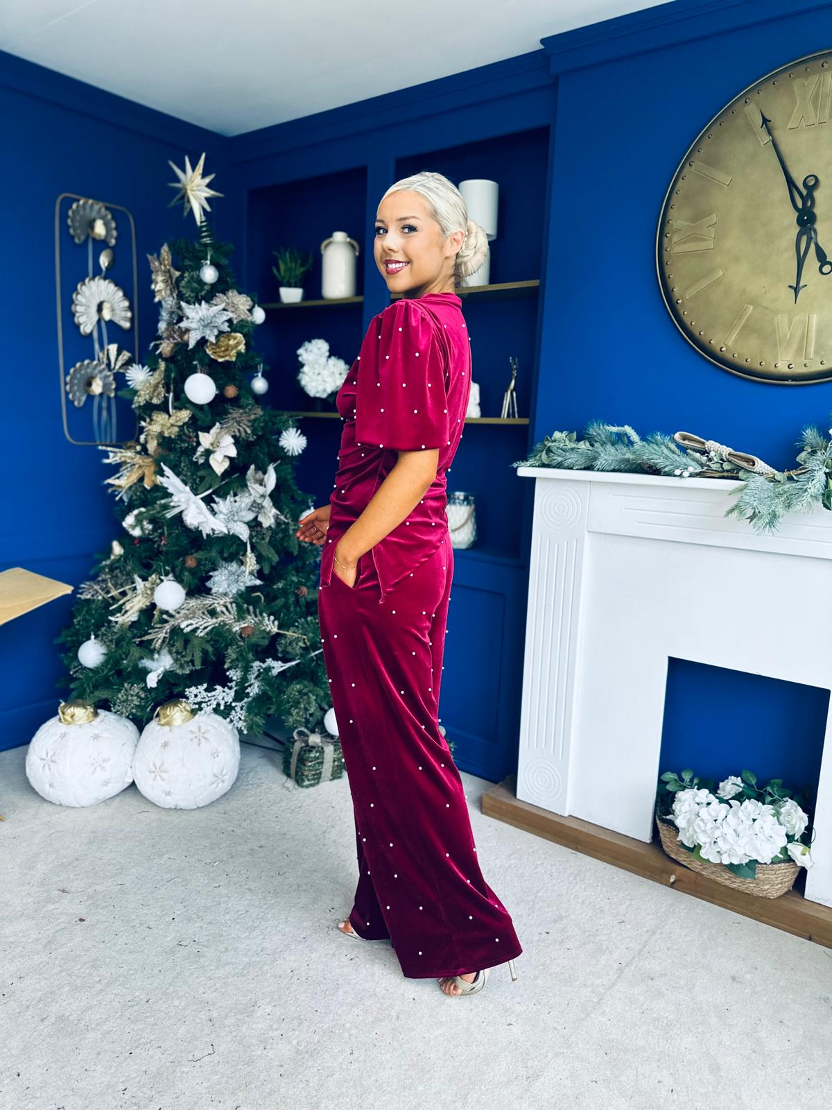 Kate Pearl Detail Top And Trouser Set Velvet Wine