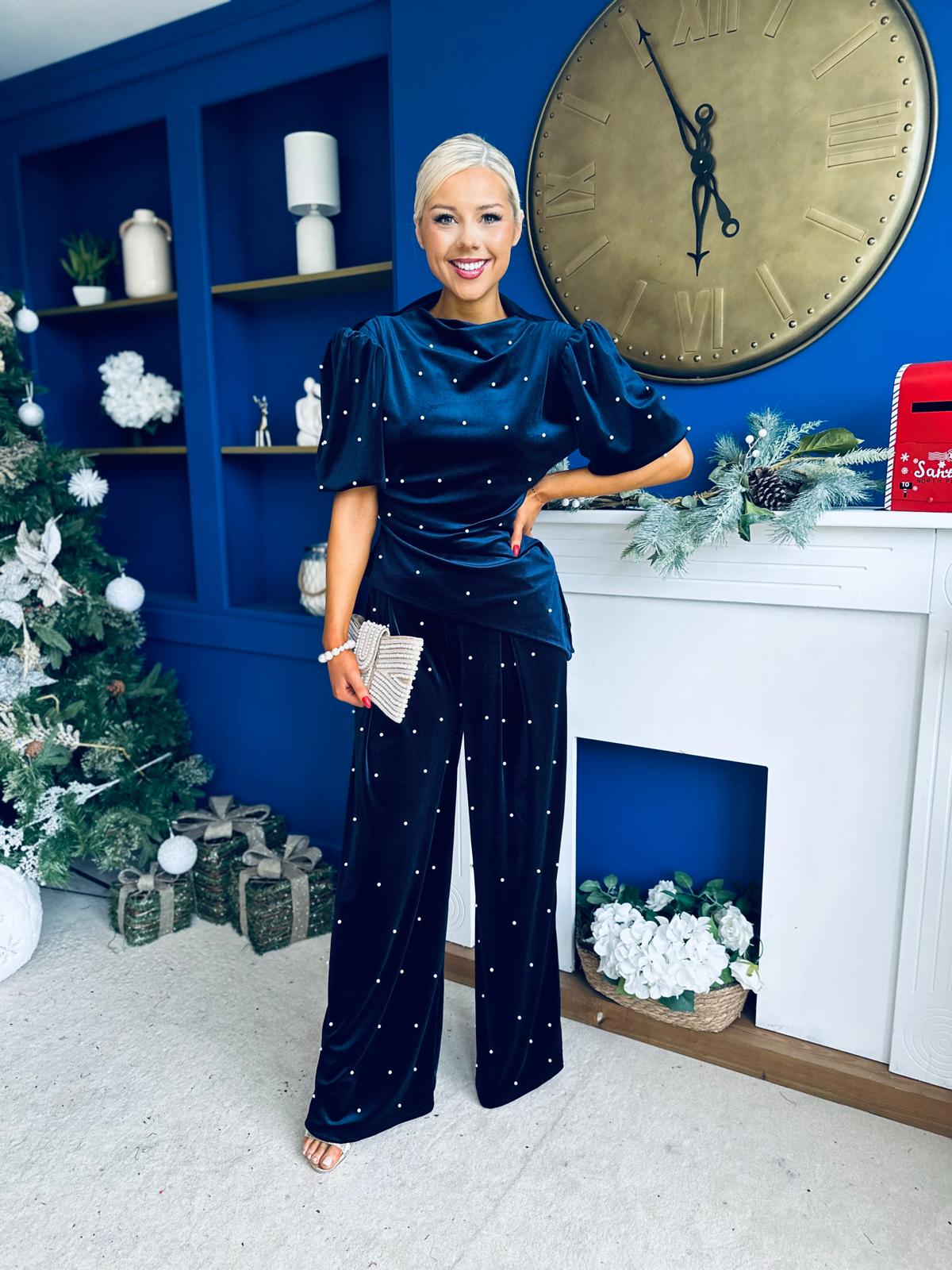 Kate Pearl Detail Top And Trouser Set Velvet Navy