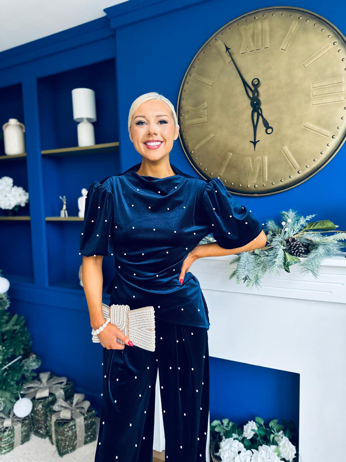 Kate Pearl Detail Top And Trouser Set Velvet Navy