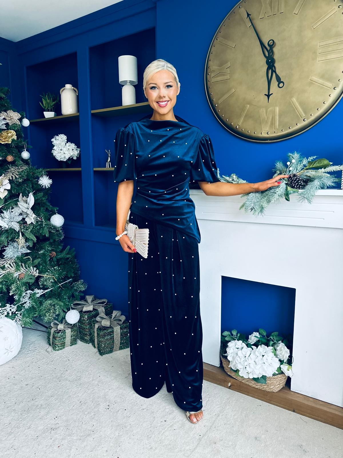 Kate Pearl Detail Top And Trouser Set Velvet Navy