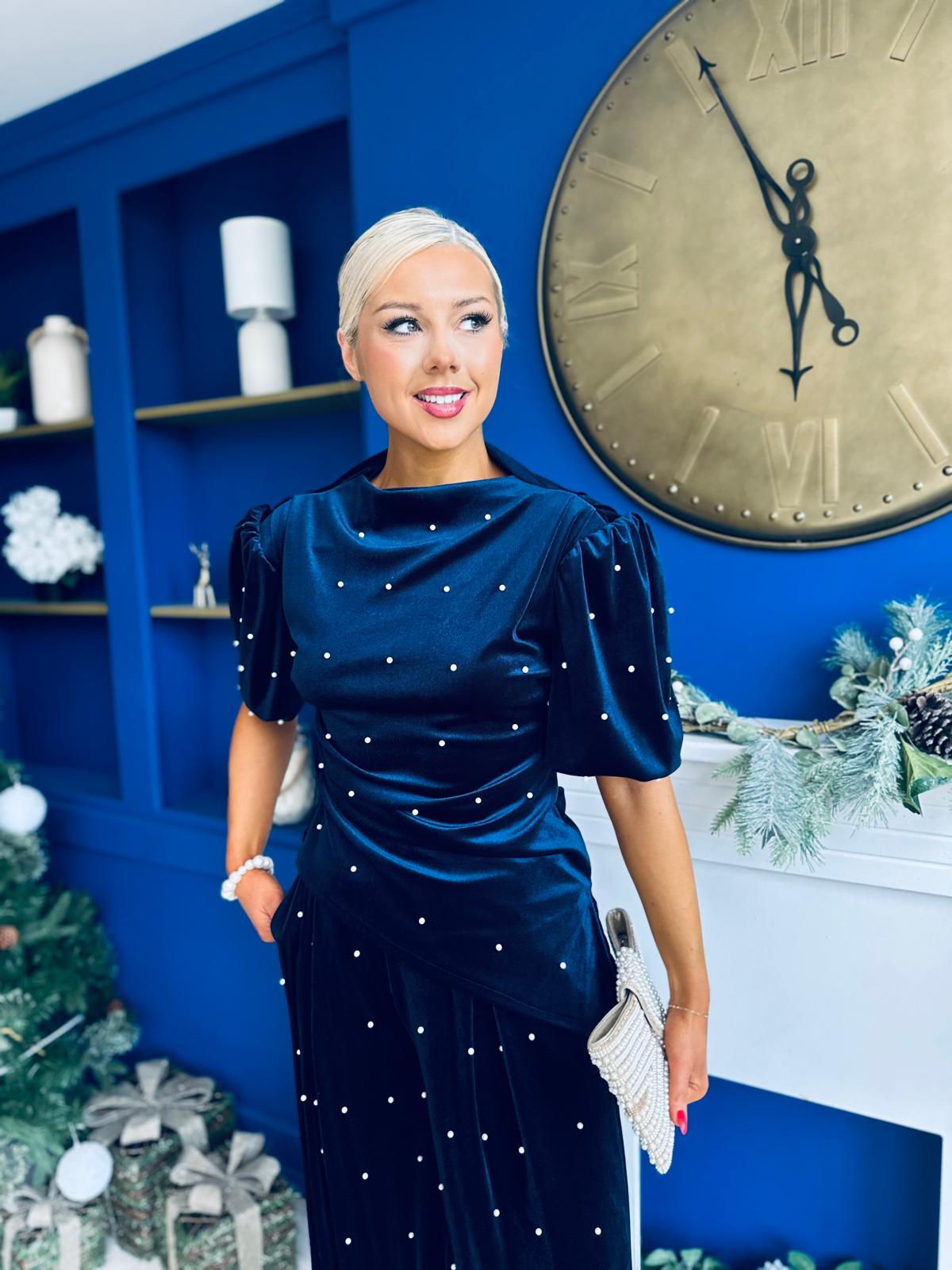 Kate Pearl Detail Top And Trouser Set Velvet Navy