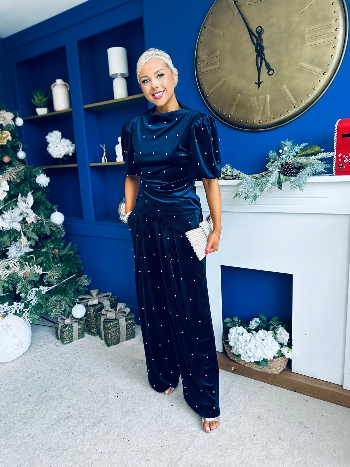 Kate Pearl Detail Top And Trouser Set Velvet Navy