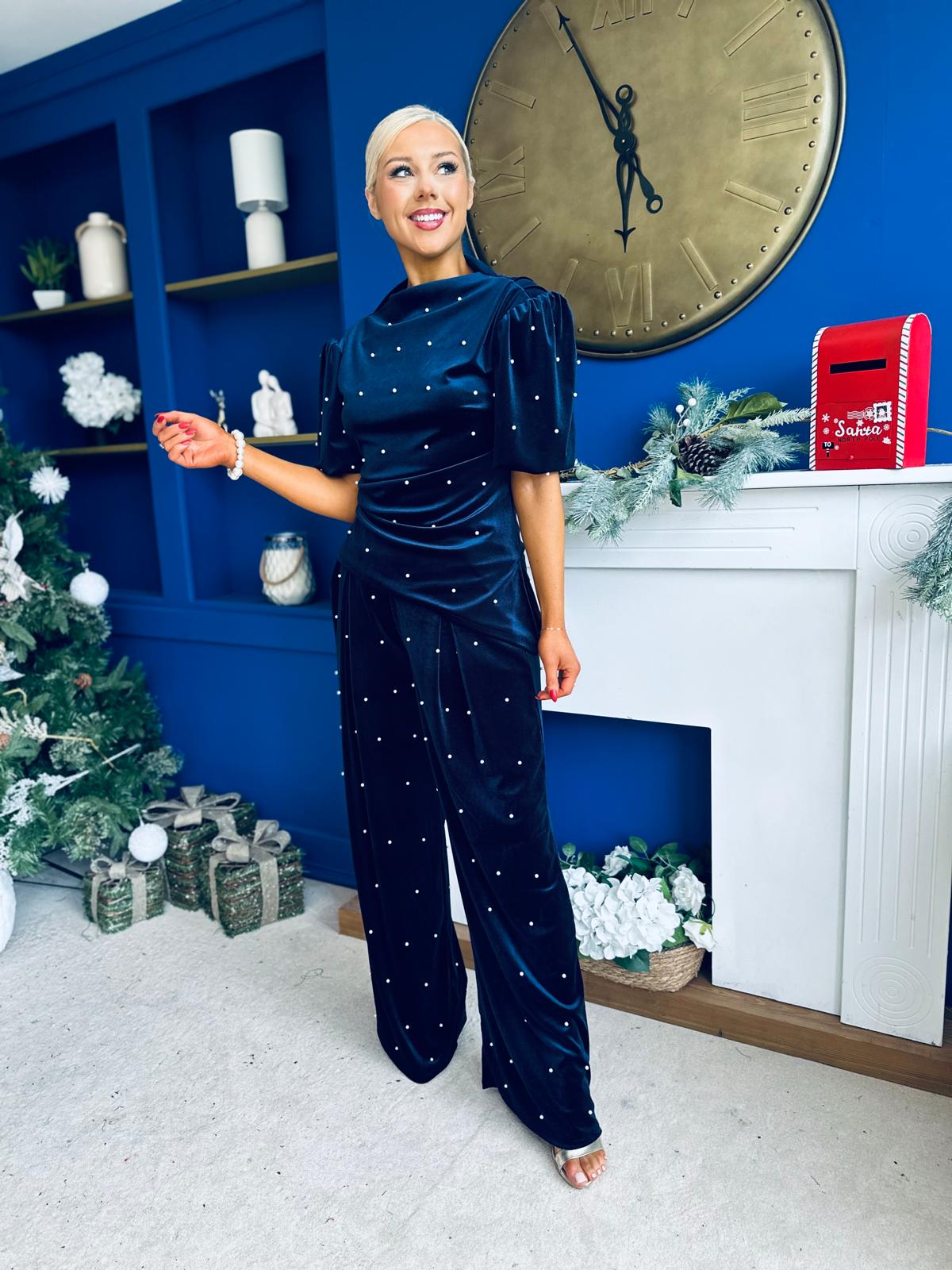 Kate Pearl Detail Top And Trouser Set Velvet Navy