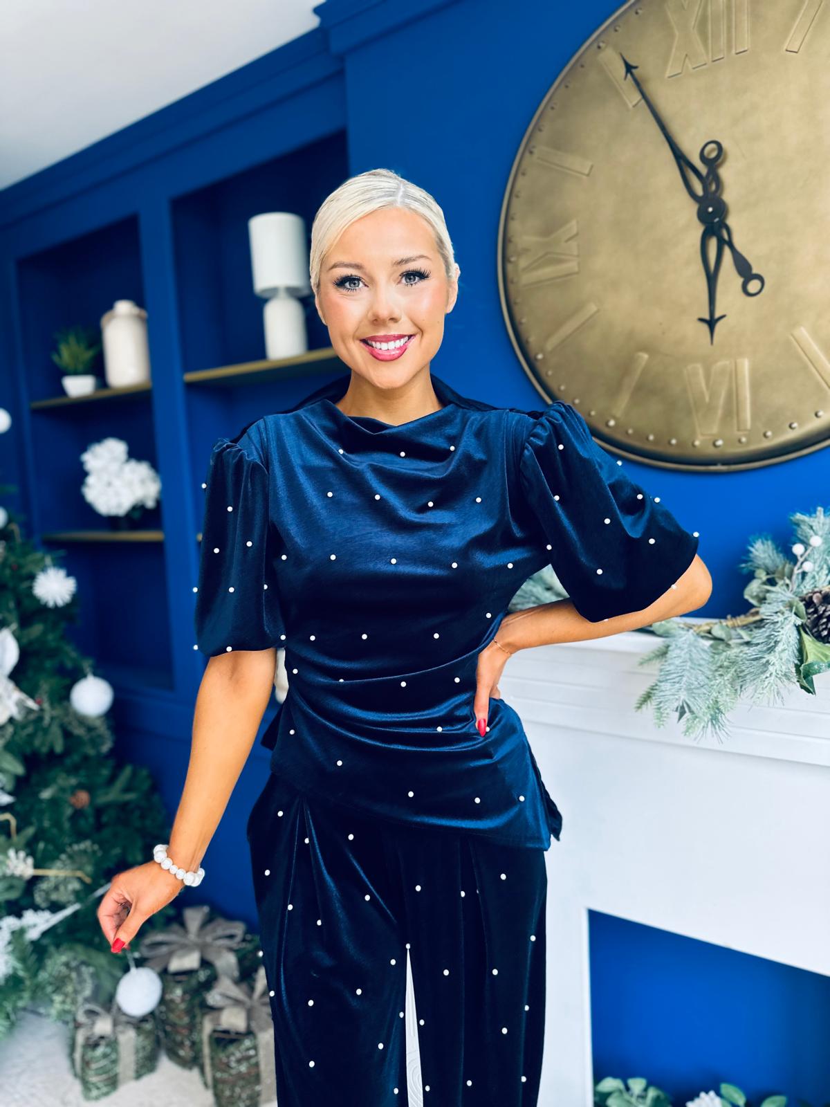 Kate Pearl Detail Top And Trouser Set Velvet Navy