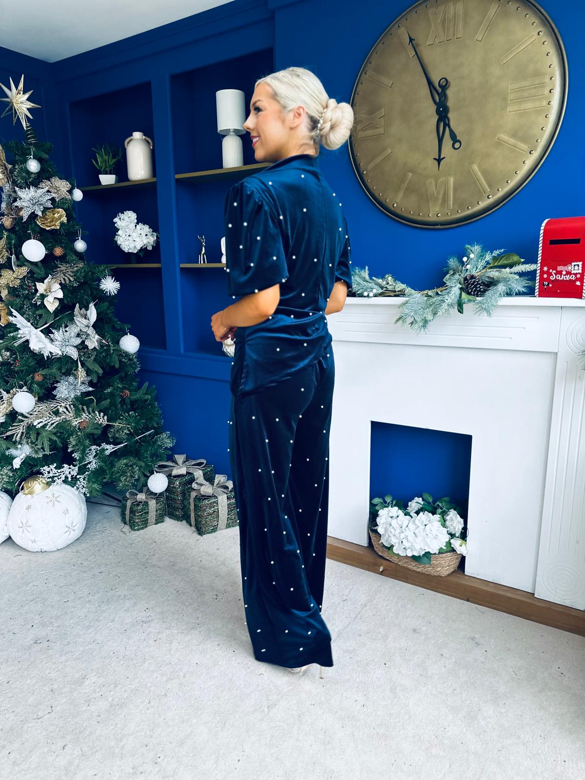 Kate Pearl Detail Top And Trouser Set Velvet Navy