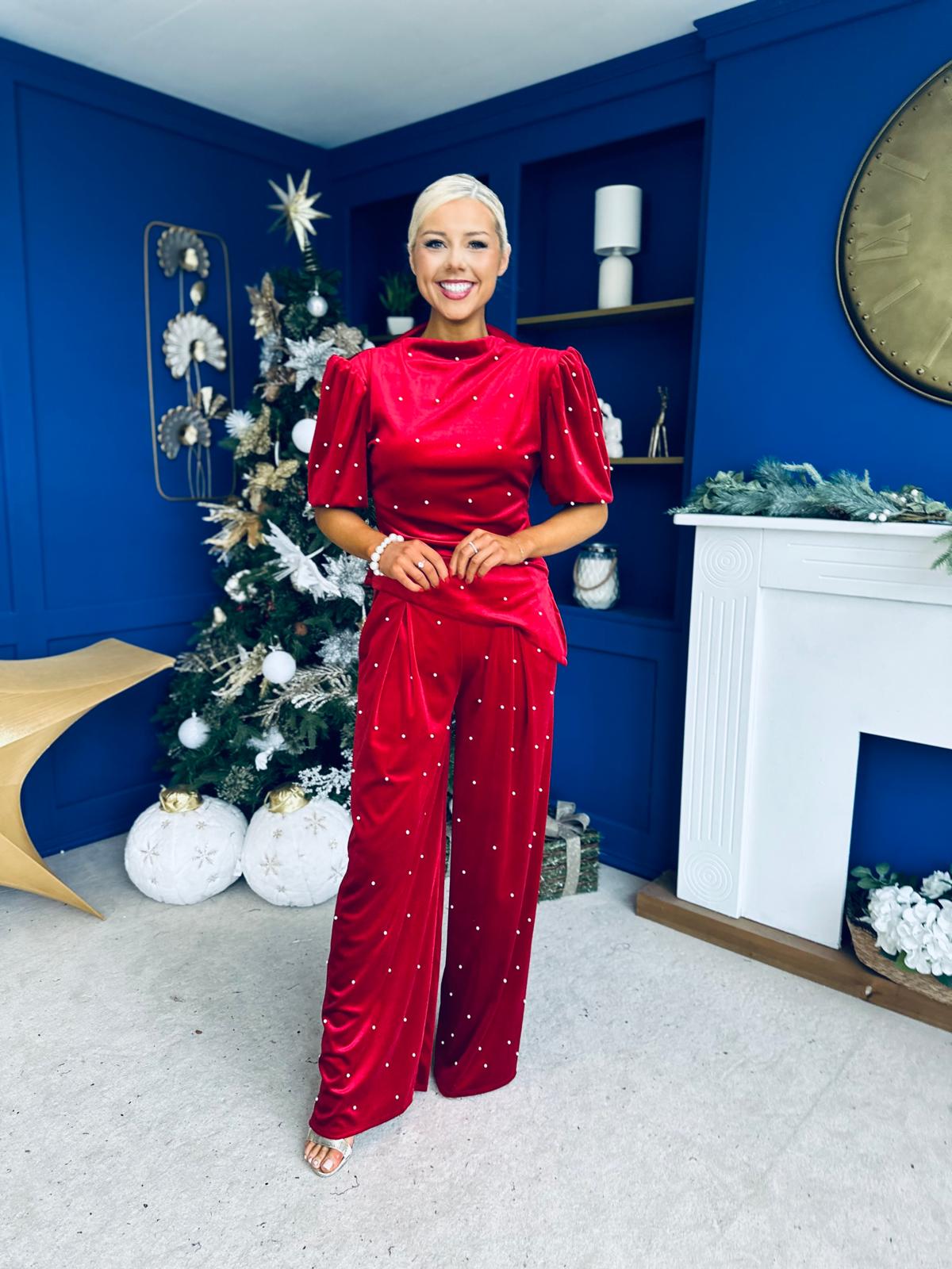 Kate Pearl Detail Top And Trouser Set Velvet Red