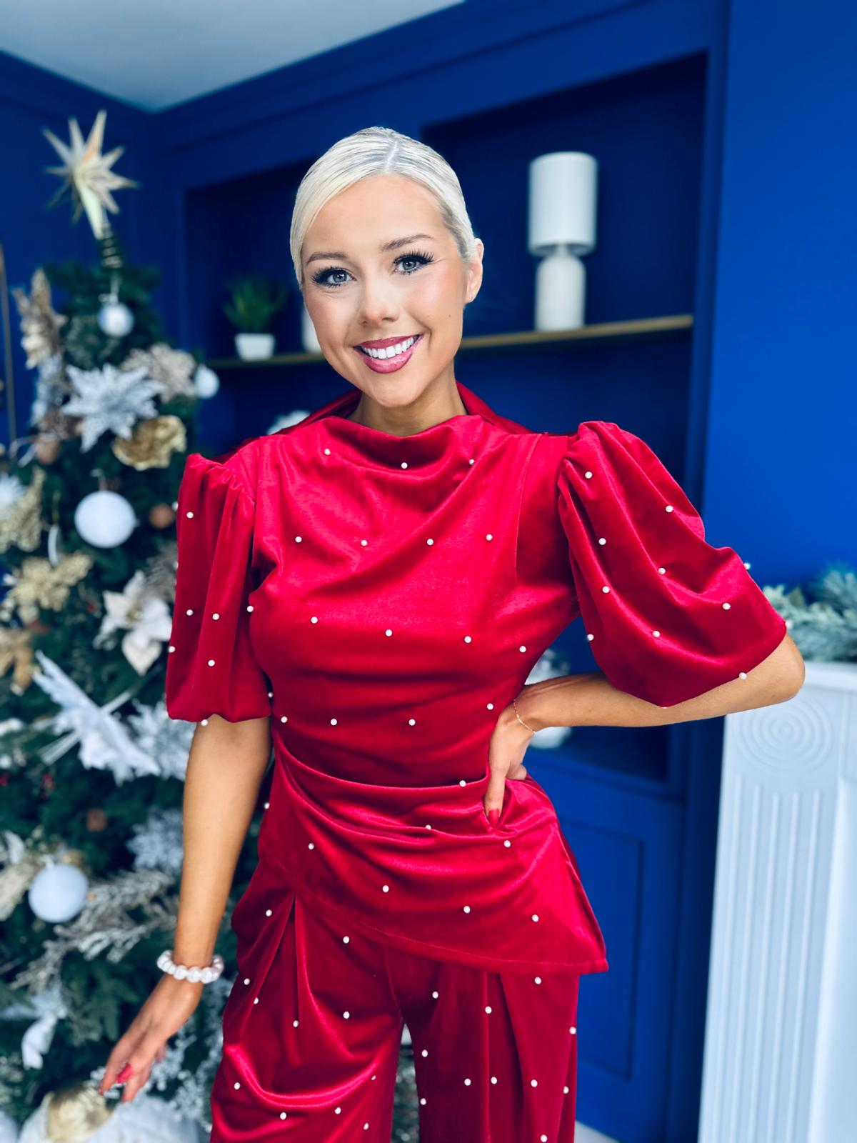 Kate Pearl Detail Top And Trouser Set Velvet Red