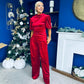 Kate Pearl Detail Top And Trouser Set Velvet Red