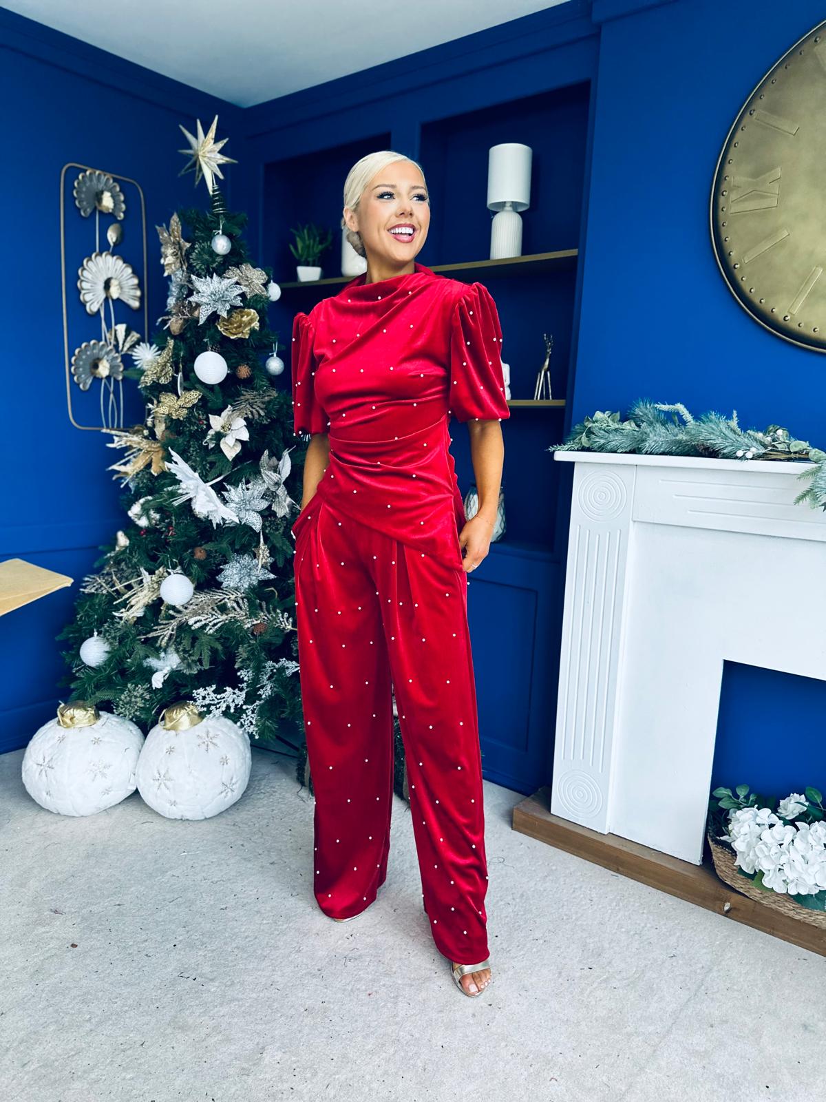 Kate Pearl Detail Top And Trouser Set Velvet Red