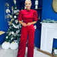 Kate Pearl Detail Top And Trouser Set Velvet Red