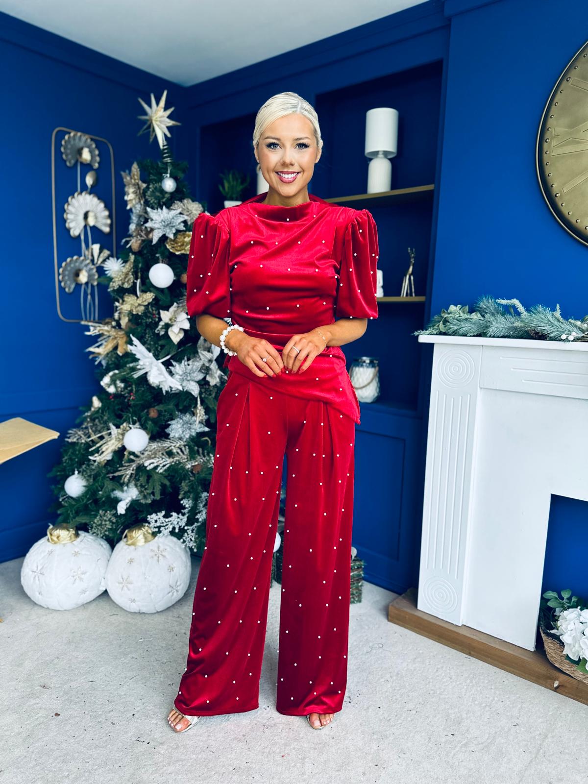 Kate Pearl Detail Top And Trouser Set Velvet Red