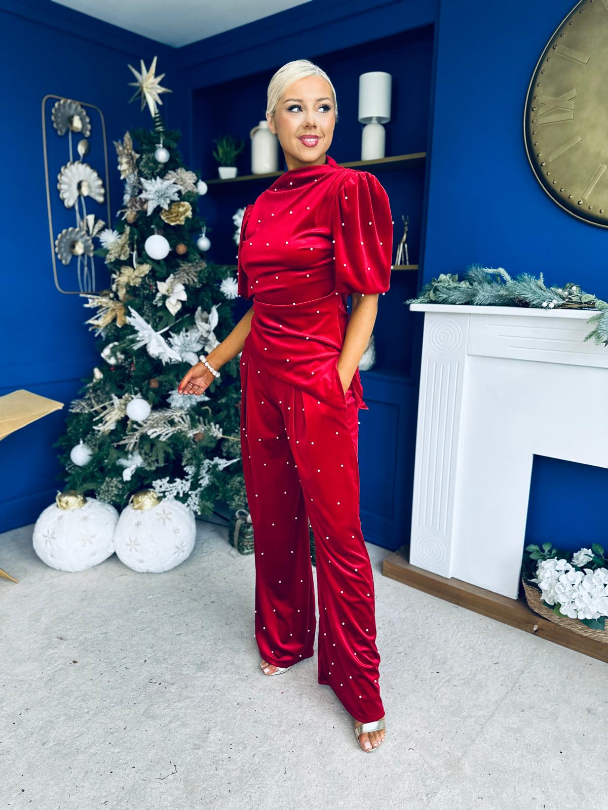 Kate Pearl Detail Top And Trouser Set Velvet Red