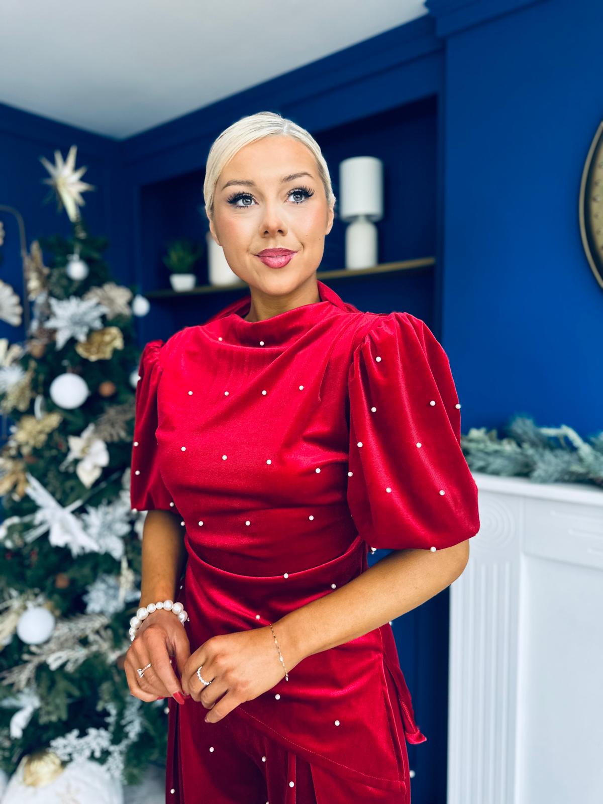 Kate Pearl Detail Top And Trouser Set Velvet Red