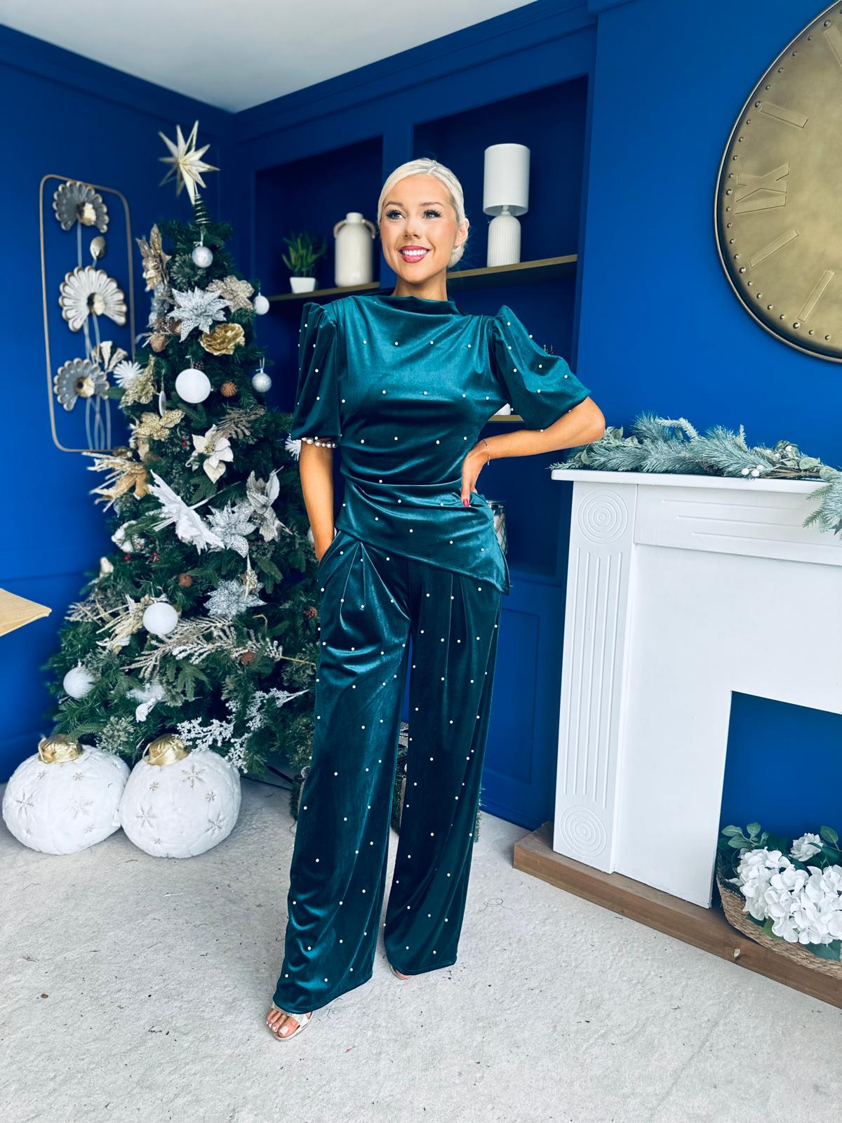 Kate Pearl Detail Top And Trouser Set Velvet Forest