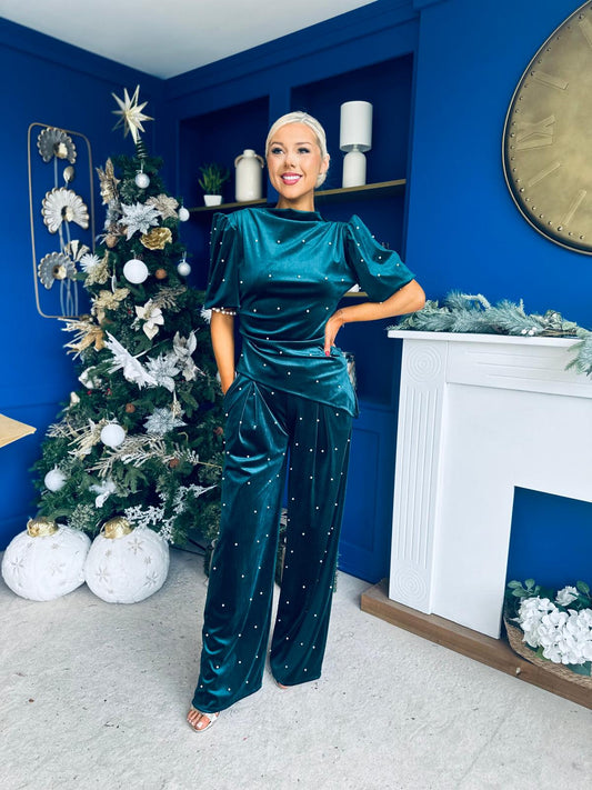 Kate Pearl Detail Top And Trouser Set Velvet Forest