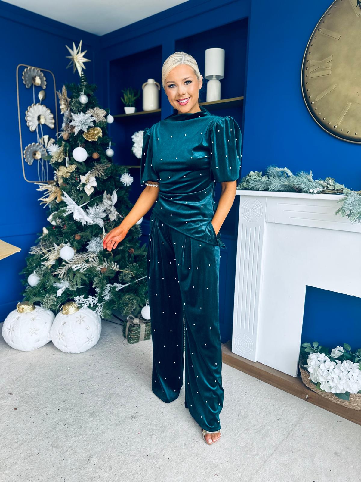 Kate Pearl Detail Top And Trouser Set Velvet Forest