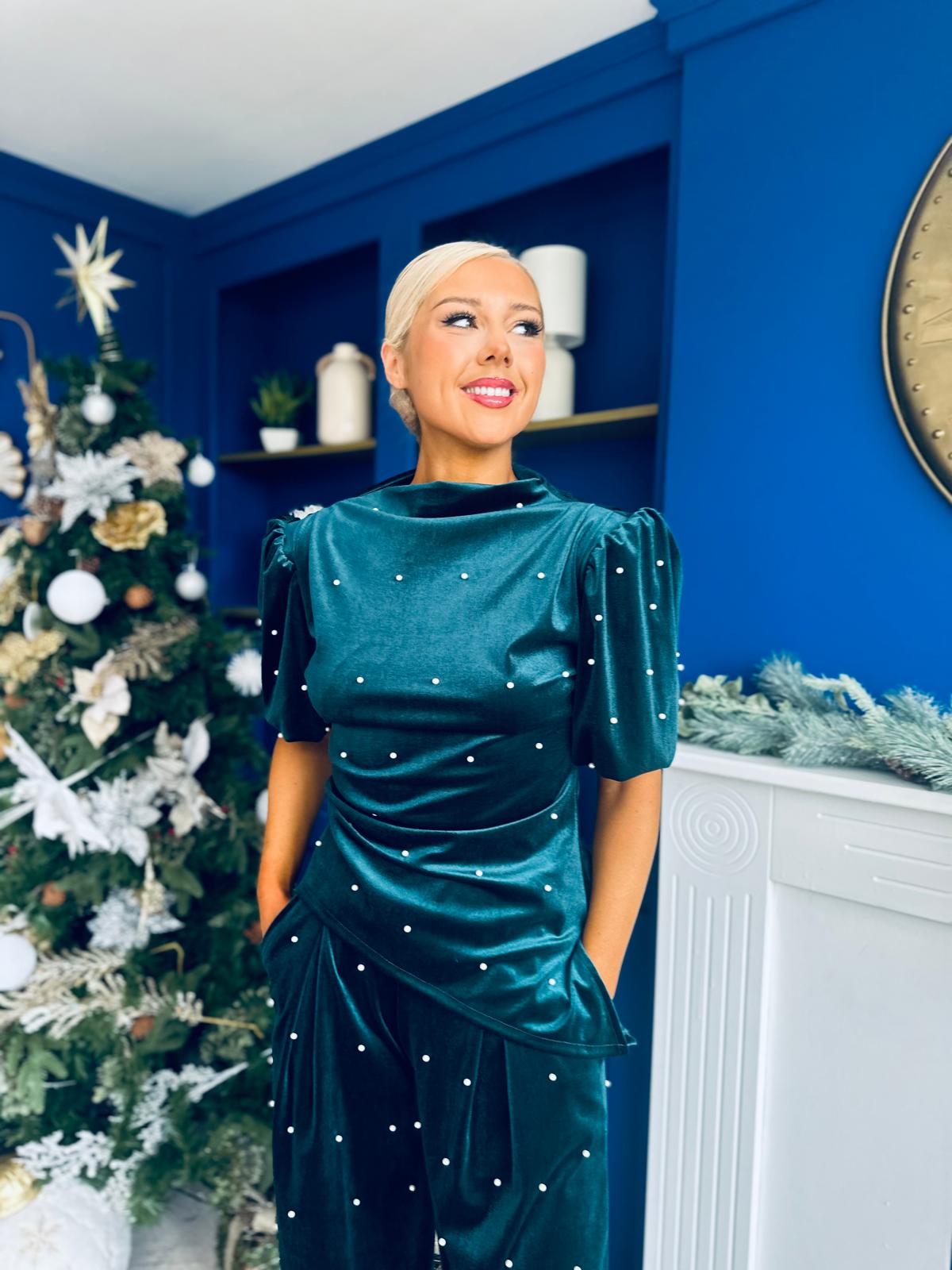 Kate Pearl Detail Top And Trouser Set Velvet Forest