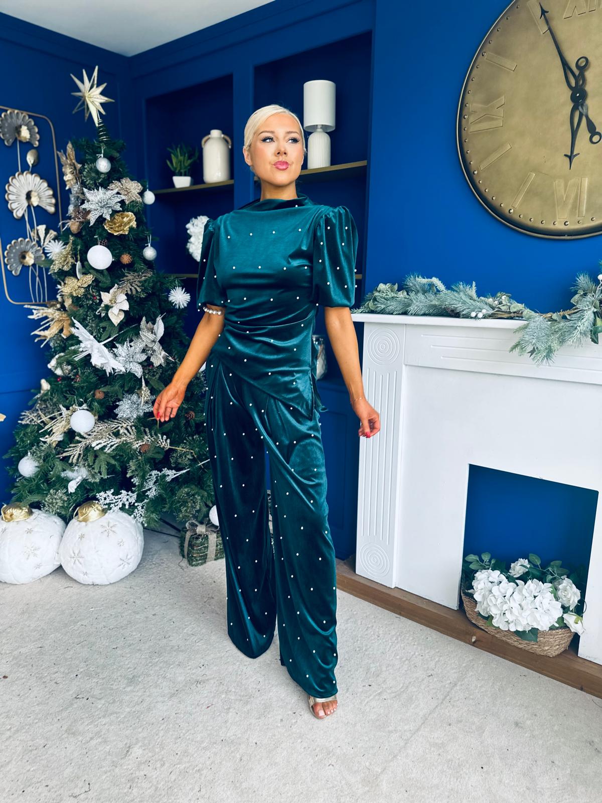 Kate Pearl Detail Top And Trouser Set Velvet Forest