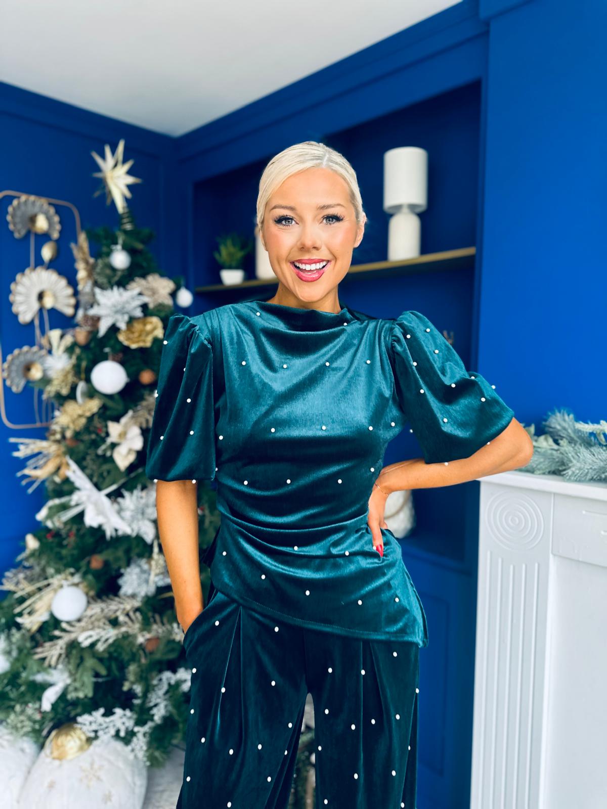 Kate Pearl Detail Top And Trouser Set Velvet Forest