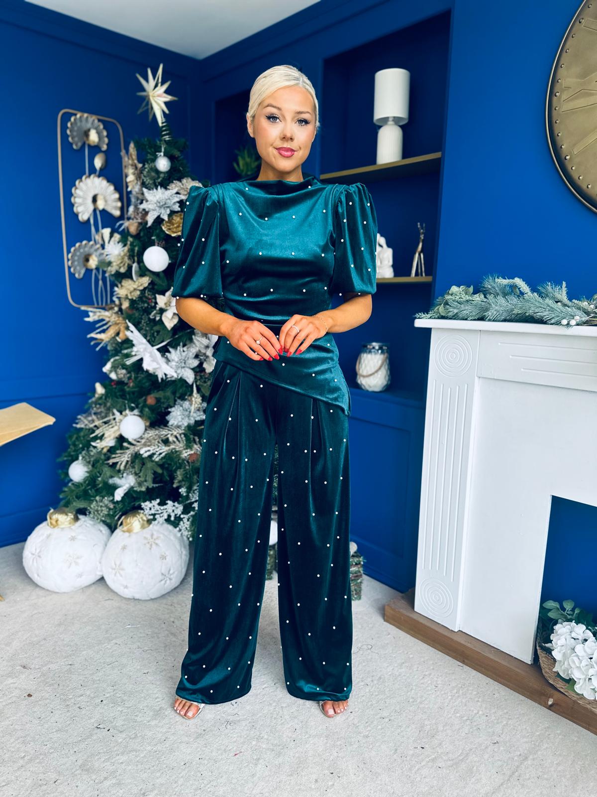 Kate Pearl Detail Top And Trouser Set Velvet Forest