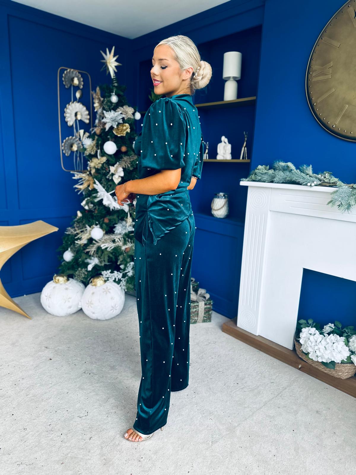 Kate Pearl Detail Top And Trouser Set Velvet Forest