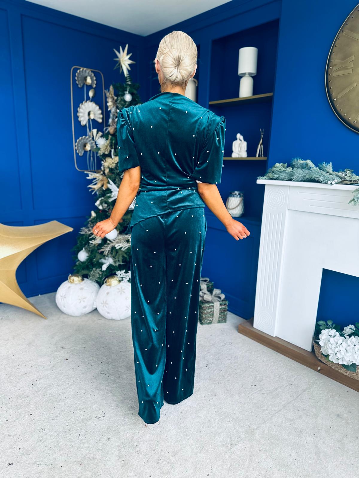 Kate Pearl Detail Top And Trouser Set Velvet Forest