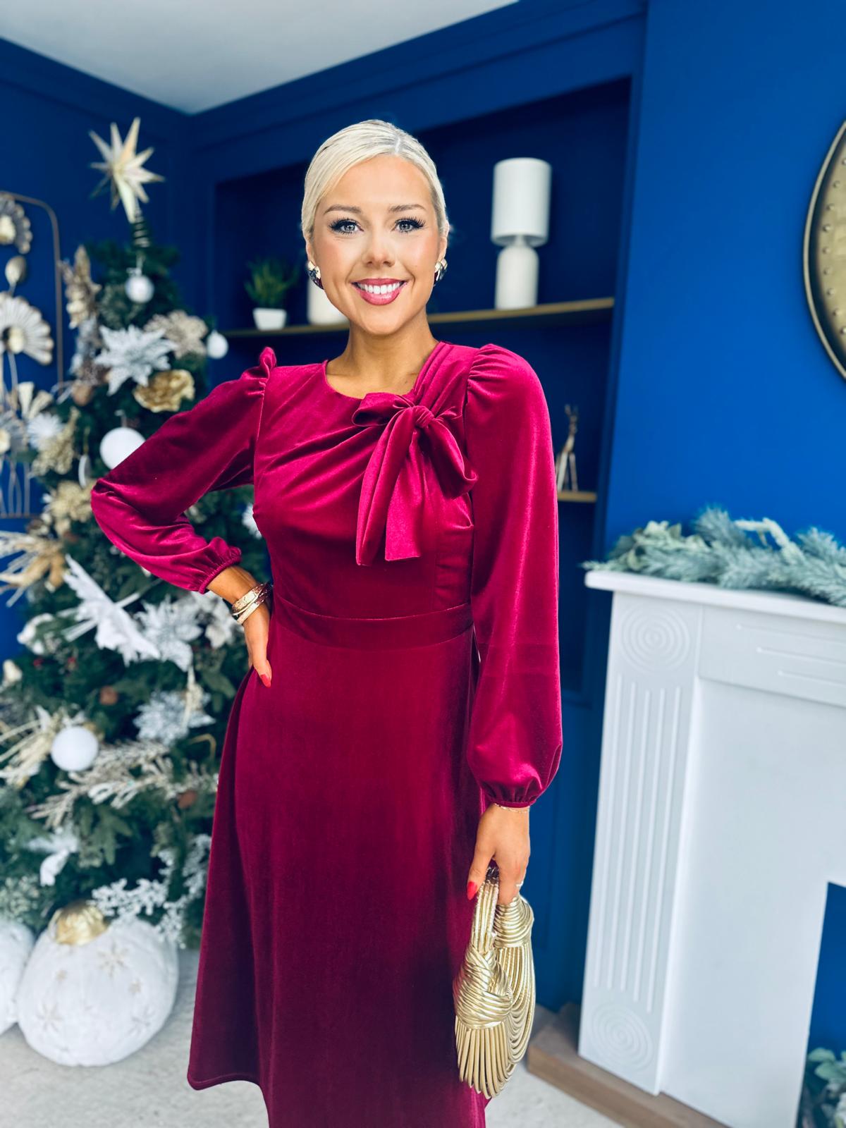 Lauren Detaild Velvet Occasion Dress Wine