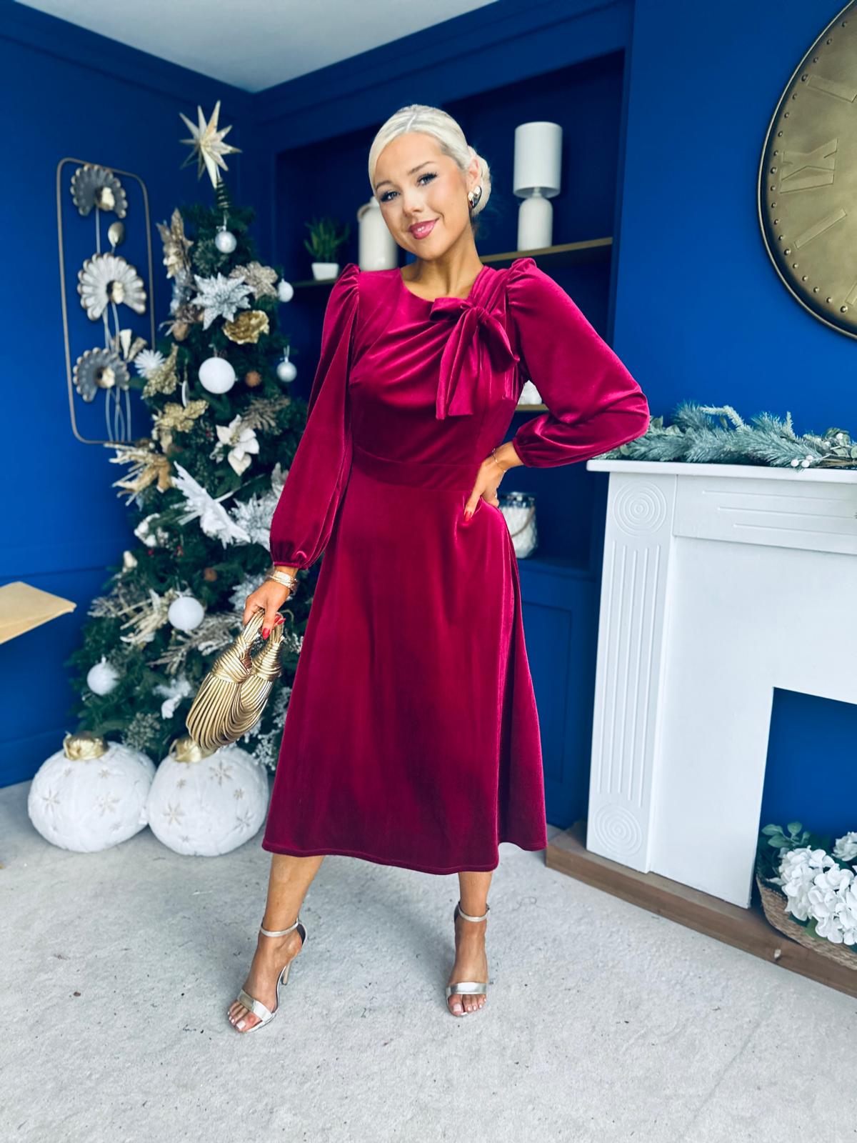 Lauren Detaild Velvet Occasion Dress Wine