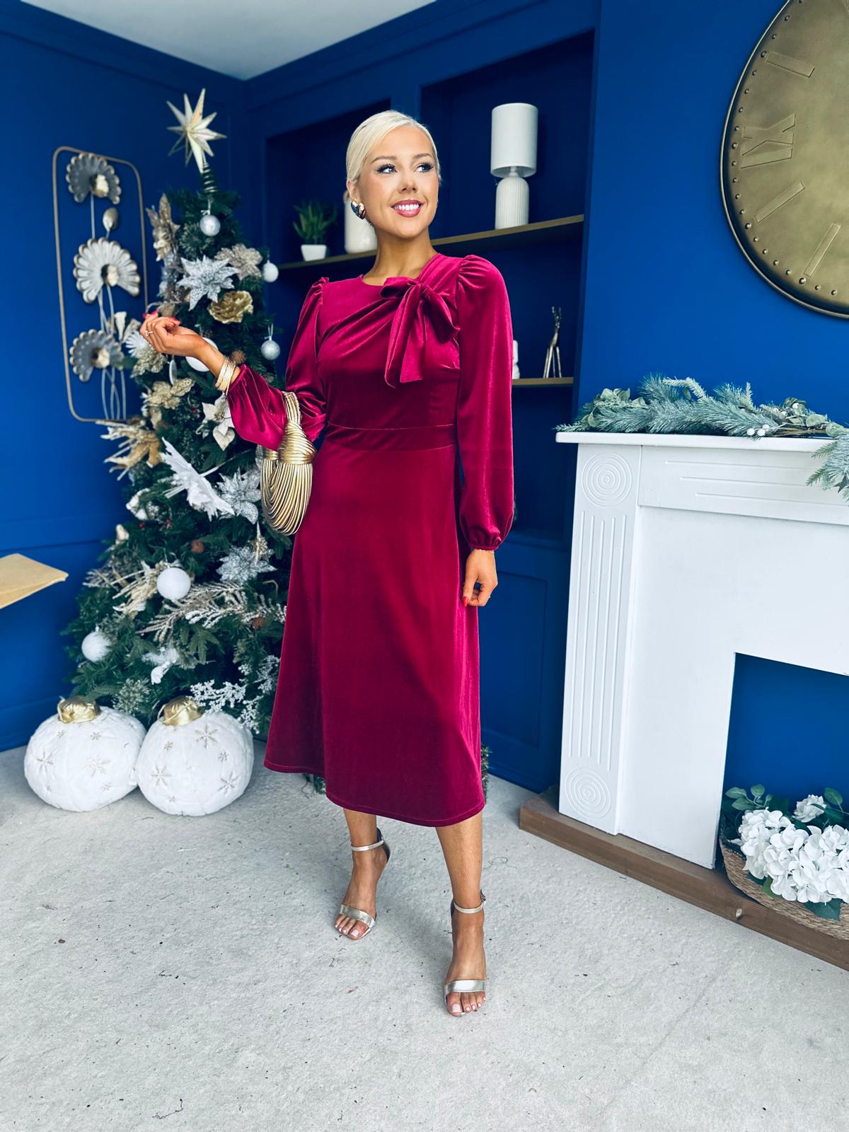 Lauren Detaild Velvet Occasion Dress Wine