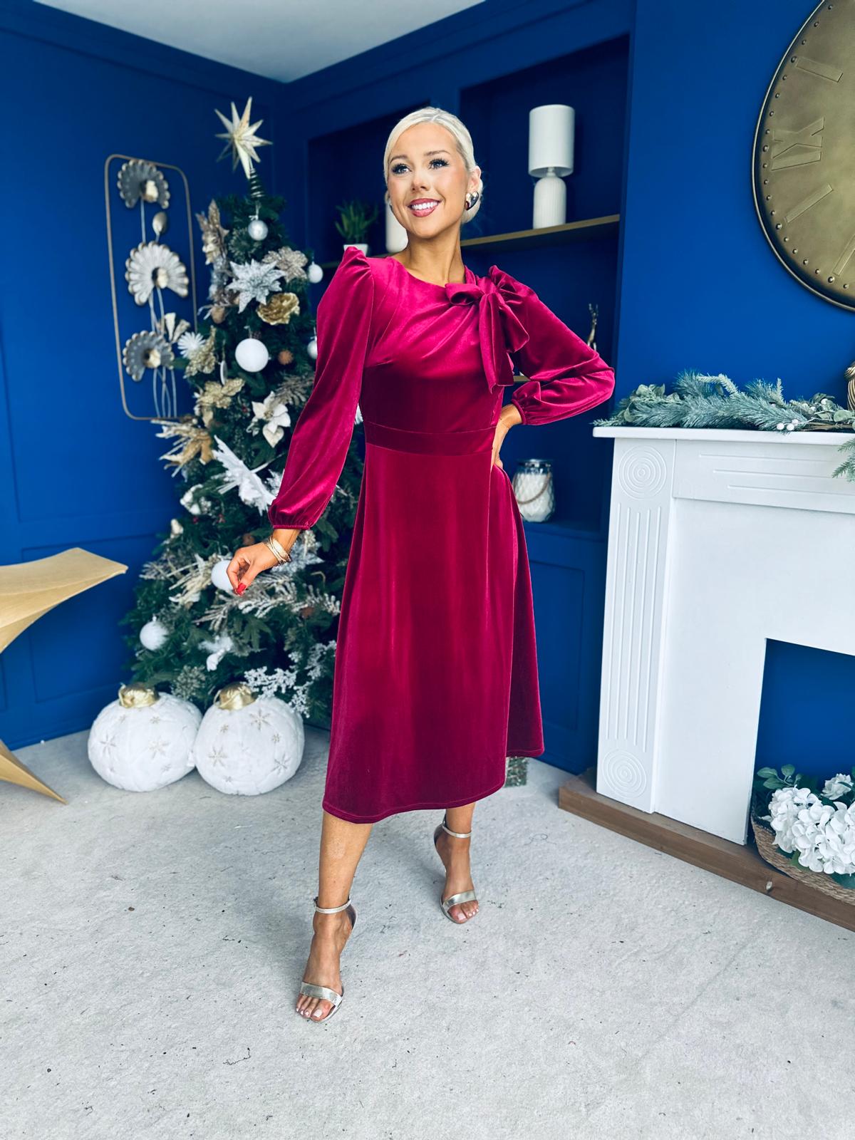 Lauren Detaild Velvet Occasion Dress Wine