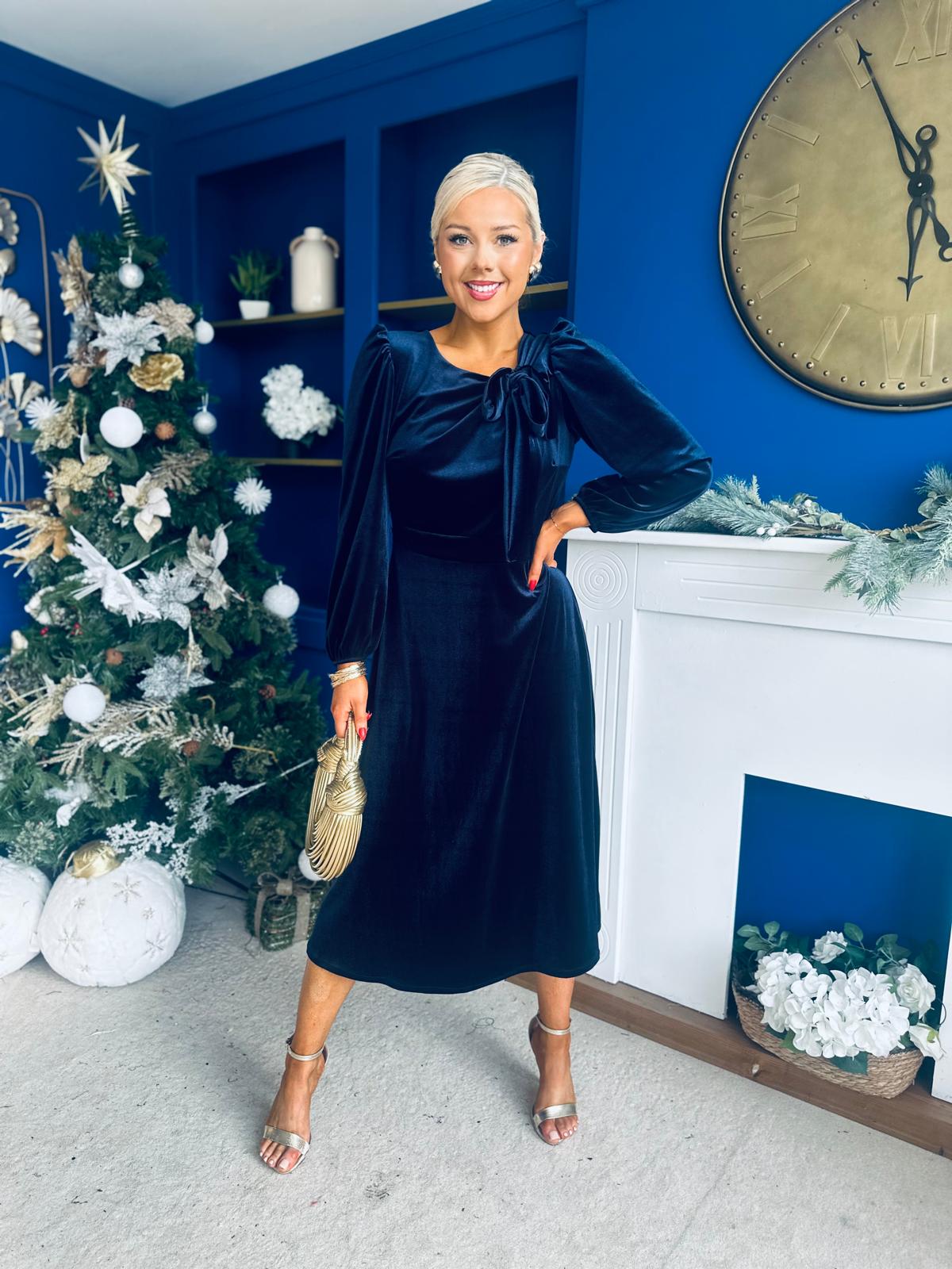 Lauren Detaild Velvet Occasion Dress Navy